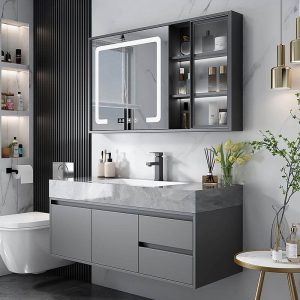 Bathroom Vanity with Sintered Stone Countertop, 1 Mirror, 4 Doors, Dove Grey Base, Chalk Ceramic Sink, and Midnight Black Faucet, 31.5"L x 20"W x 22"H, Vanity & Faucet & Mirror Cabinet
