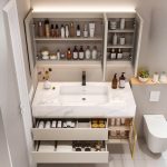 Bathroom Vanity with Sintered Stone Countertop, 4 Doors, Ivory Base, Chalk Rectangular Sink, Shelf & Black Faucet, 39.5"L x 20"W x 22"H, Vanity & Faucet & Mirror Cabinet