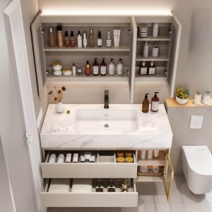 Bathroom Vanity with Sintered Stone Countertop, 4 Doors, Ivory Base, Chalk Rectangular Sink, Shelf & Black Faucet, 39.5"L x 20"W x 22"H, Vanity & Faucet & Mirror Cabinet