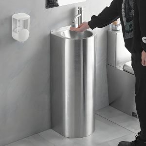 Contemporary Stainless Steel U-Shaped Pedestal Sink with Pop-Up Drain - Sink with Faucet Cold Water Dispensers Round Faucet