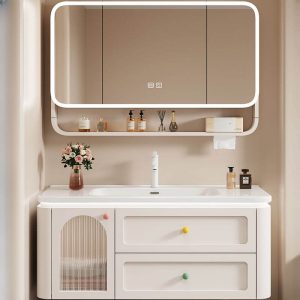 Spill Proof Bathroom Vanity with Cabinet Hardware, 4 Doors, White Base, Backsplash, Rectangular Sink, and Shelf, Vanity & Faucet & Fully Sealed Smart Mirror Cabinet, 44"L x 20"W x 20"H