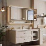 Aureate Faucet Bathroom Vanity with Cabinet Hardware, 4 Doors, Beige Base, White Rectangular Sink, and Shelf, 48"L x 20"W x 20"H, Vanity & Faucet & Smart Half Mirror Cabinet