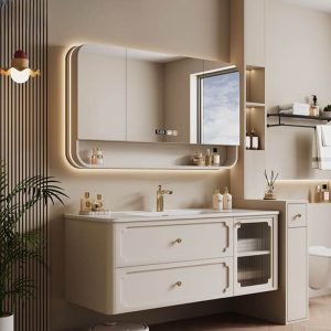 Aureate Faucet Bathroom Vanity with Cabinet Hardware, 4 Doors, Beige Base, White Rectangular Sink, and Shelf, 48"L x 20"W x 20"H, Vanity & Faucet & Smart Half Mirror Cabinet