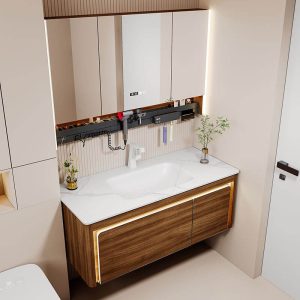 Cocoa Bathroom Vanity with 1 Drawer, Sintered Stone Sink, 1 Door, White Faucet, Rectangle Shape, and Shelf, 24"L x 20"W x 20"H, Vanity & Faucet & Mirror Cabinet