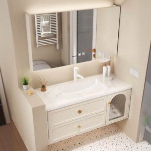 1 Door Stone Bathroom Vanity with Cabinet Hardware, White Faucet, Beige Base, Rectangular Sink & Shelf, 24"L x 22"W x 22"H, Vanity & Faucet & Fully Sealed Smart Mirror Cabinet