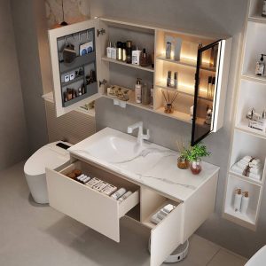 Bathroom Vanity with 1 Drawer, Sintered Stone Sink, White Base, White Faucet, 3 Doors, Rectangular Shape, and Shelf, Vanity & Faucet & Smart Medicine Cabinet, 47"L x 20"W x 19"H