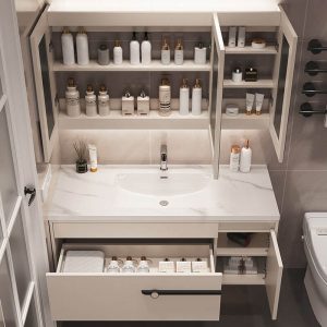 Cream Base White Sintered Stone Bathroom Vanity with 1 Drawer, Cabinet Hardware, Metallic Faucet and 3 Doors, 31.5"L x 20"W x 22"H, Vanity & Faucet & Smart Medicine Cabinet