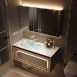 Bathroom Vanity with 1 Drawer, Sintered Stone Sink, 1 Door, White Faucet, Beige Base, Chalk Sink, and Rectangular Shape, 24"L x 20"W x 20"H, Vanity & Faucet & Mirror Cabinet
