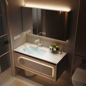 Bathroom Vanity with 1 Drawer, Sintered Stone Sink, 1 Door, White Faucet, Beige Base, Chalk Sink, and Rectangular Shape, 24"L x 20"W x 20"H, Vanity & Faucet & Mirror Cabinet