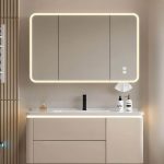 Bathroom Vanity with 4 Doors, White Faucet, Ivory Base, Backsplash, Rectangular Shape, Shelf, and Art Deco Style, Vanity & Faucet & Smart Medicine Cabinet, 36"L x 20"W x 19"H
