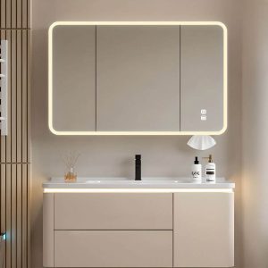 Bathroom Vanity with 4 Doors, White Faucet, Ivory Base, Backsplash, Rectangular Shape, Shelf, and Art Deco Style, Vanity & Faucet & Smart Medicine Cabinet, 36"L x 20"W x 19"H