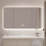 Beige 4 Shelves Medicine Cabinet with 3 Doors, Lighting System, Hydrophobic Rectangle & Plug-in, 75"L x 6"W x 28"H