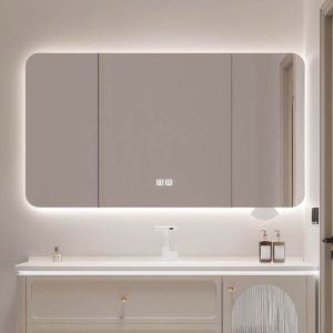 Beige 4 Shelves Medicine Cabinet with 3 Doors, Lighting System, Hydrophobic Rectangle & Plug-in, 75"L x 6"W x 28"H