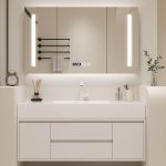 Stone Warp-proof Bathroom Vanity with 1 Mirror & White Faucet & Beige Base & 2 Doors & Chalk Sink, Bathroom Vanity & Faucet & Smart Square Mirror, 39"L x 20"W x 22"H