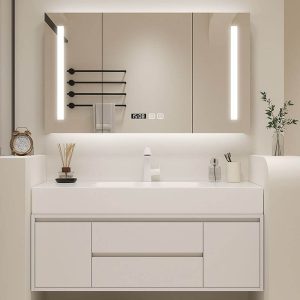 Stone Warp-proof Bathroom Vanity with 1 Mirror & White Faucet & Beige Base & 2 Doors & Chalk Sink, Bathroom Vanity & Faucet & Smart Square Mirror, 39"L x 20"W x 22"H