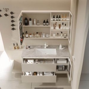 Stain Resistant White Sintered Stone Bathroom Vanity with Backsplash, Beige Base, White Faucet and 3 Doors, 31.5"L x 20"W x 20"H, Bathroom Vanity & Faucet & Smart Vanity Mirror Cabinet