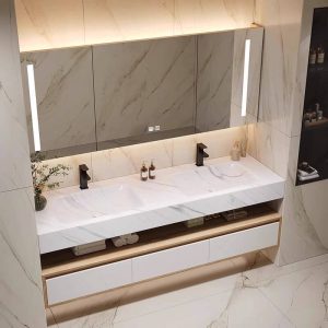 Bathroom Vanity with 3 Drawers, Sintered Stone Sink, White Base, 3 Doors, Art Deco Style, Black Faucet, and Drain Assembly, 39.5"L x 20"W x 17"H, Vanity & Faucet & Smart Medicine Cabinet