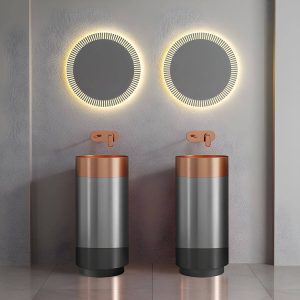 Modern Bathroom Sink with Pop-Up Drain Round Metal Pedestal Bathroom Sink - Black-Rose Gold Sink with Faucet Sensor Faucet