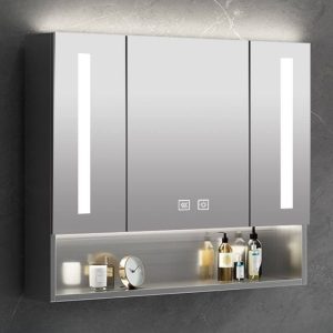 Silver Medicine Cabinet with USB Outlet, Hinged Door, Mirror Defogger, Stainless Steel, 5 Shelves, Illuminating, 39"L x 5"W x 31"H