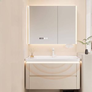 White Top Bathroom Vanity with 2 Doors, Backsplash, Rectangular Sink, Shelf, Modern Simple Style, and Overflow Hole, Vanity & Faucet & Smart Medicine Cabinet, 32"L x 20"W x 19"H
