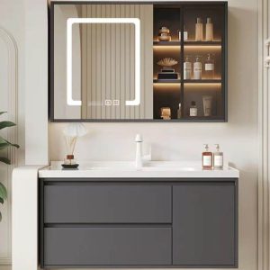 Dove Grey Bathroom Vanity with 4 Doors, White Faucet, Chalk Finish, Backsplash, Rectangular Sink, Shelf, Vanity & Faucet & Smart Medicine Cabinet, 24"L x 20"W x 20"H
