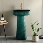 Green Rectangular Pedestal Bathroom Sink with Hand Hammered Craftsmanship and Stain-Resistant Finish - Sink & Faucet & Mirror Swivel Faucet Black