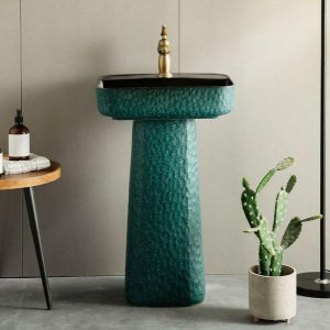Green Rectangular Pedestal Bathroom Sink with Hand Hammered Craftsmanship and Stain-Resistant Finish - Sink & Faucet & Mirror Swivel Faucet Black