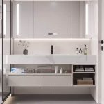 Beige Bathroom Vanity with Sintered Stone Countertop, Chalk Finish, 3 Doors, Rectangular Sink, Shelf, Midnight Black Faucet, 35.5"L x 22"W x 22"H, Vanity & Faucet & Smart Medicine Cabinet