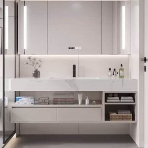 Beige Bathroom Vanity with Sintered Stone Countertop, Chalk Finish, 3 Doors, Rectangular Sink, Shelf, Midnight Black Faucet, 35.5"L x 22"W x 22"H, Vanity & Faucet & Smart Medicine Cabinet
