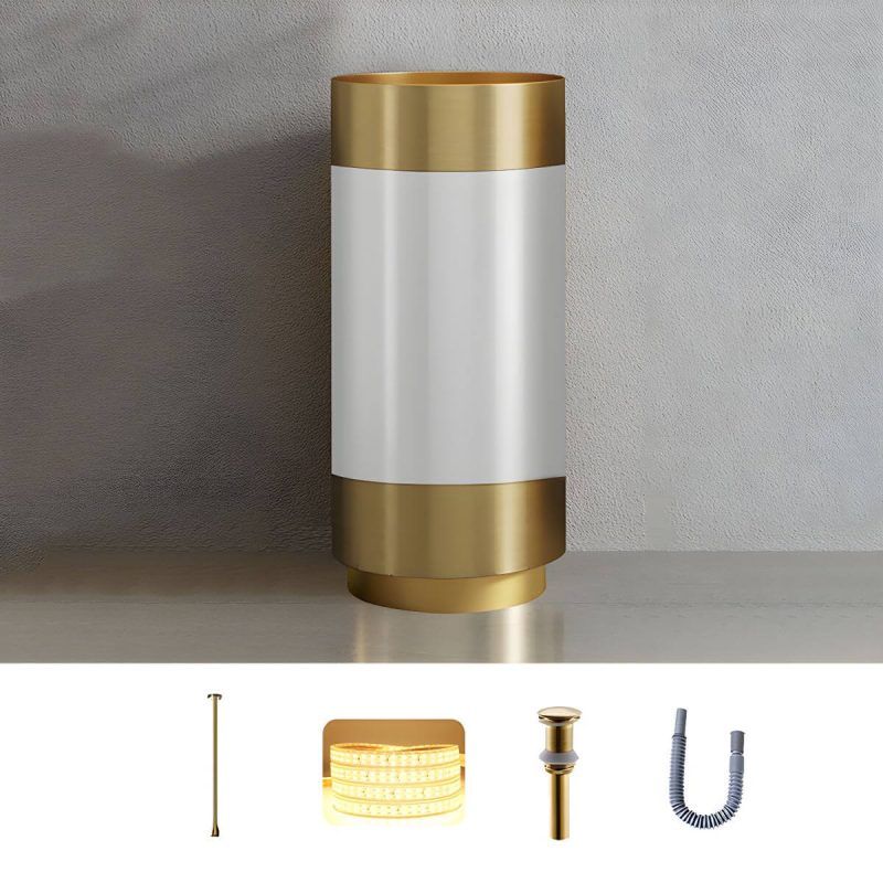 Modern Bathroom Sink with Pop-Up Drain Round Metal Pedestal Bathroom Sink - Gold-White Sink with Faucet Ceiling Sensing Faucet