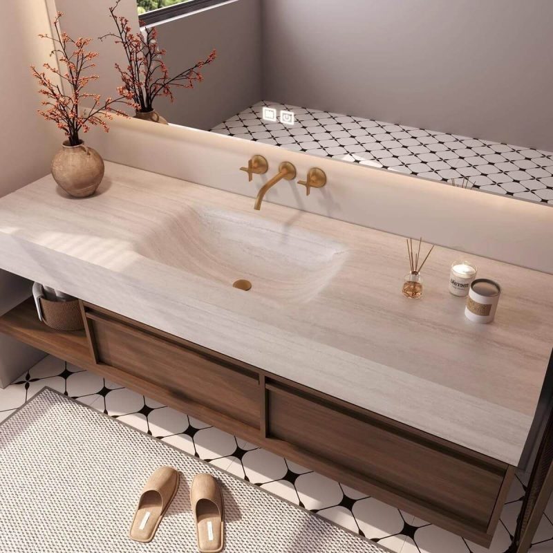 Butter Color Bathroom Vanity with Cocoa Base, Sintered Stone Sink, 1 Mirror, Rectangular Shape, Shelf, and Ink Faucet, Vanity & Faucet & Smart Mirror, 47"L x 22"W x 18"H