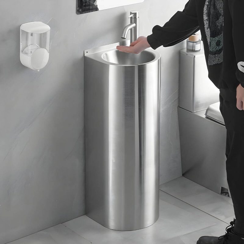 Contemporary Stainless Steel U-Shaped Pedestal Sink with Pop-Up Drain - Sink with Faucet Cold Water Dispensers Round Faucet
