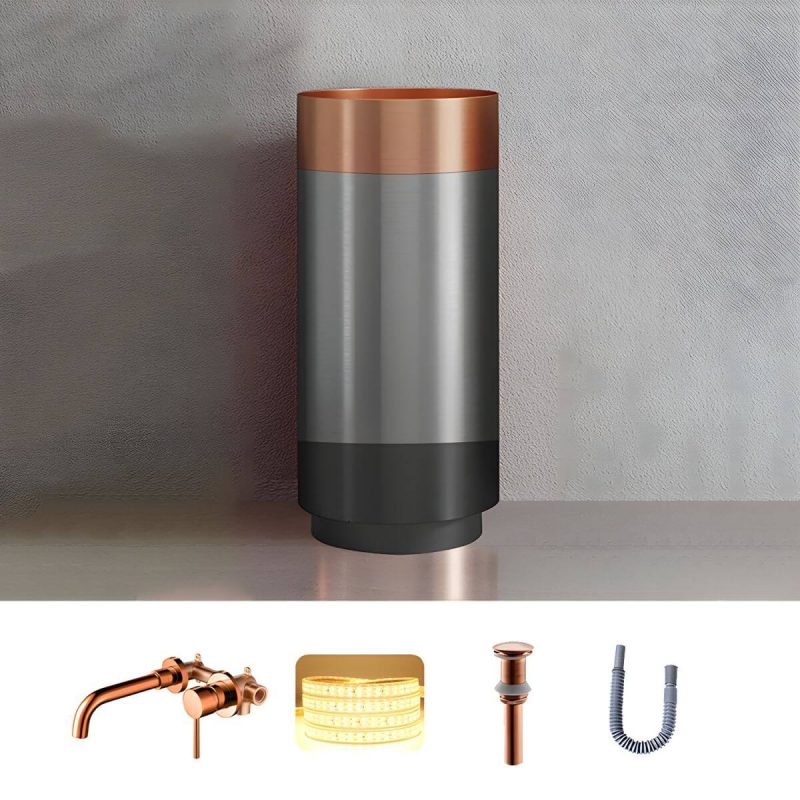 Modern Bathroom Sink with Pop-Up Drain Round Metal Pedestal Bathroom Sink - Rose Gold Sink with Faucet Wall Mounted Faucet