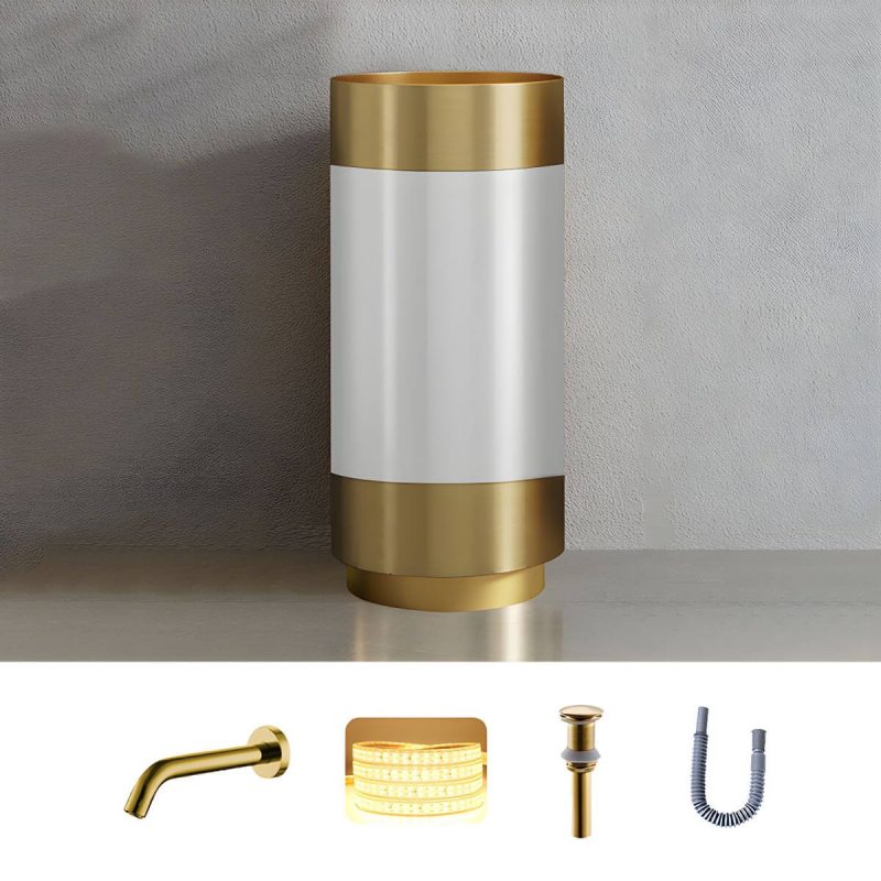 Modern Bathroom Sink with Pop-Up Drain Round Metal Pedestal Bathroom Sink - Gold-White Sink with Faucet Sensor Faucet