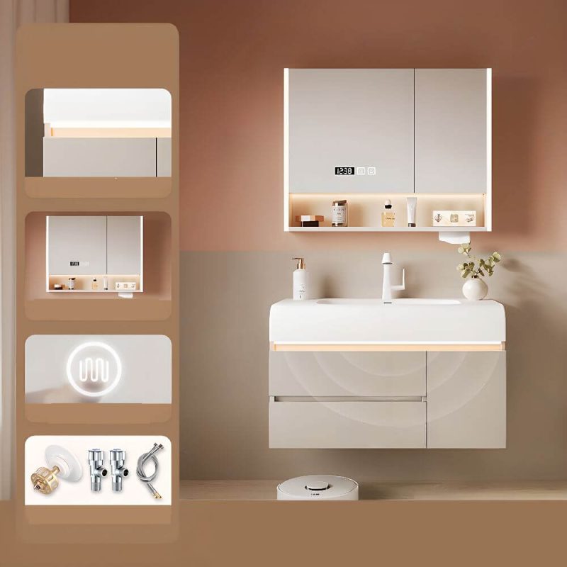 Chalk Bathroom Vanity with Sintered Stone Sink, 3 Doors, Overflow Hole, Simple Style, Drain Assembly, and Shelf, 32"L x 20"W x 22"H, Vanity & Faucet & Smart Half Mirror Cabinet