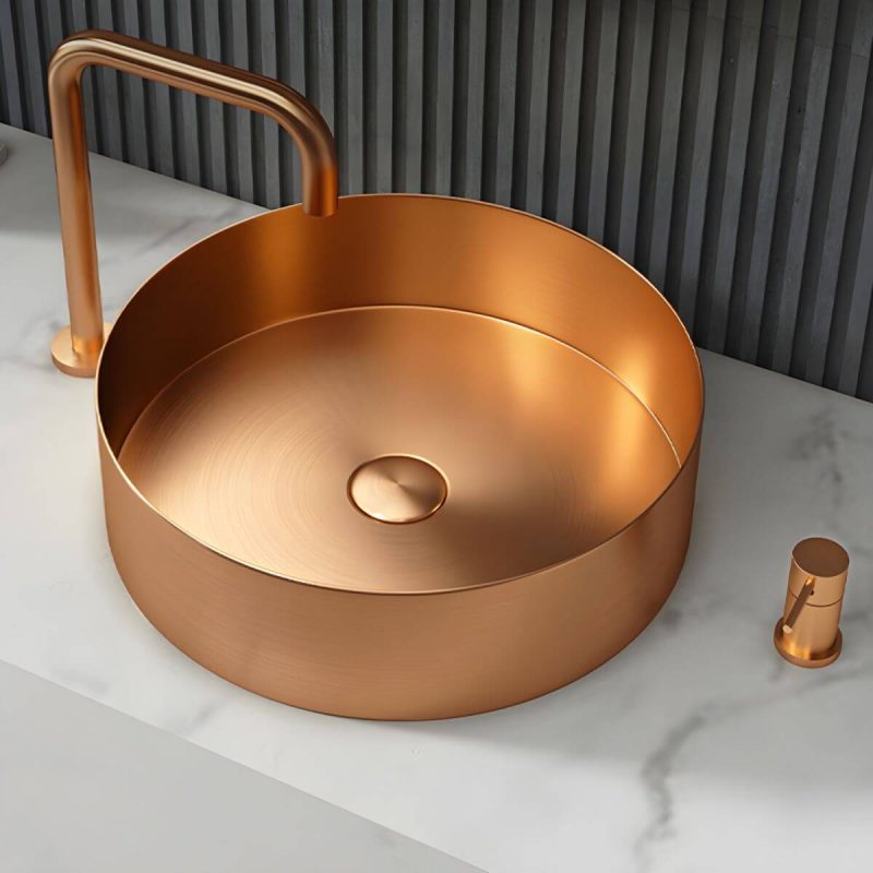 Modern Vessel Bathroom Sink Metal Round with Pop-Up Drain Wash Stand - Sink with Faucet Rose Gold Low Profile