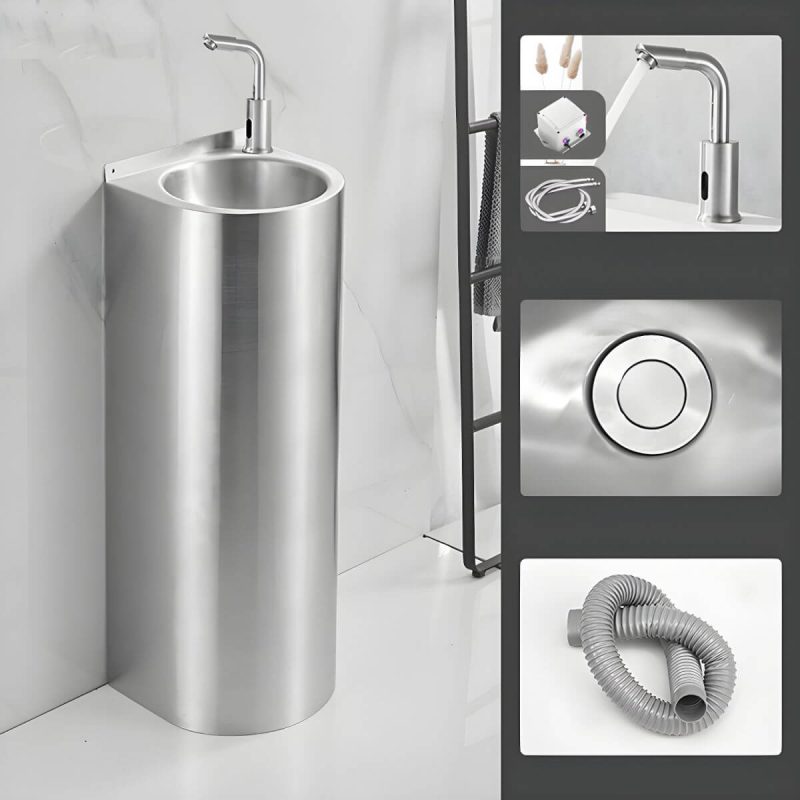 Contemporary Stainless Steel U-Shaped Pedestal Sink with Pop-Up Drain - Cold Water Dispensers Sink with Faucet 7-Shaped