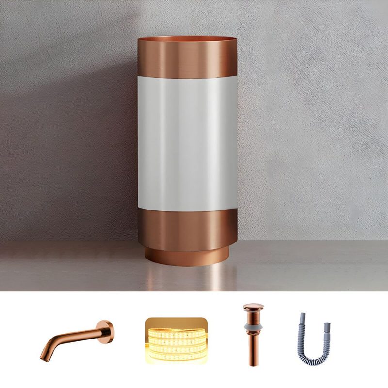 Modern Bathroom Sink with Pop-Up Drain Round Metal Pedestal Bathroom Sink - White-Rose Gold Sink with Faucet Sensor Faucet