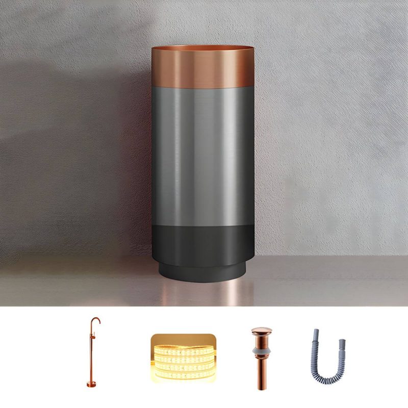 Modern Bathroom Sink with Pop-Up Drain Round Metal Pedestal Bathroom Sink - Rose Gold Sink with Faucet Floor-standing