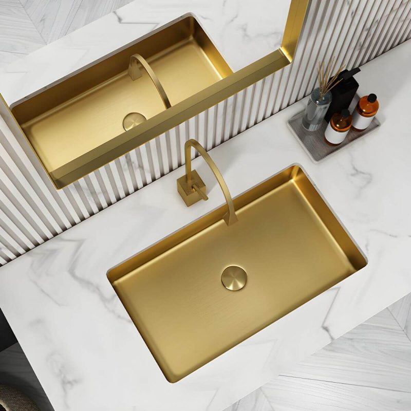 Metal Rectangular Bathroom Sink Modern Undermount Bathroom Sink - Sink with Faucet Rose Gold Pull Out Faucet