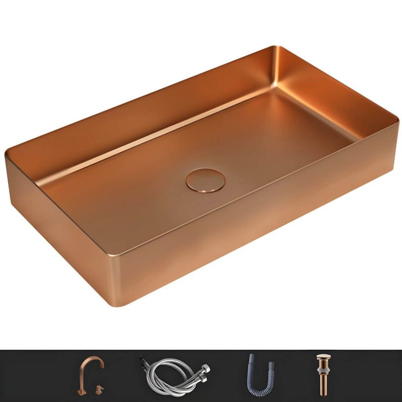 Modern Wash Stand Metal Rectangular with Drain Assembly and Faucet Vessel Bathroom Sink - Sink with Faucet Rose Gold Low Profile