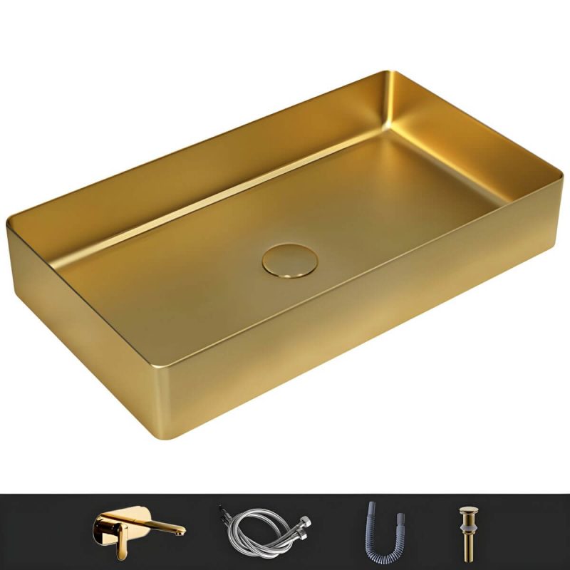 Modern Wash Stand Metal Rectangular with Drain Assembly and Faucet Vessel Bathroom Sink - Sink with Faucet Gold Round Faucet