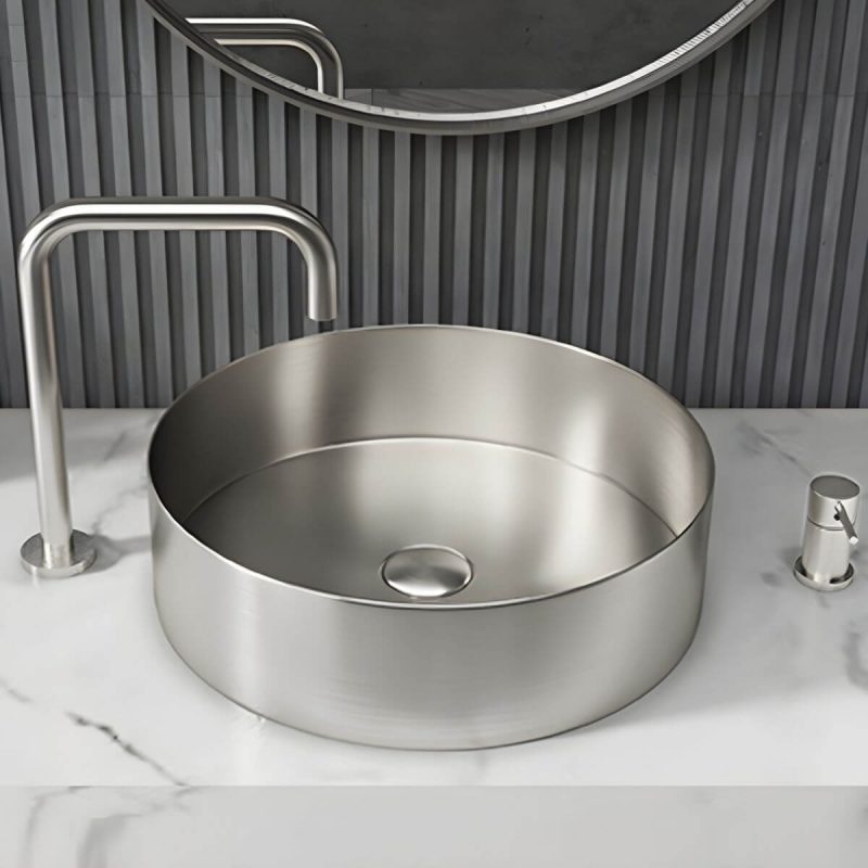 Modern Vessel Bathroom Sink Metal Round with Pop-Up Drain Wash Stand - Sink with Faucet Silver Low Profile