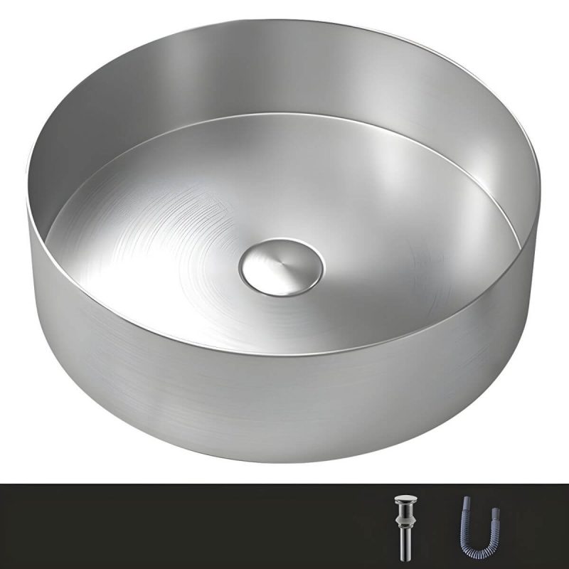 Modern Vessel Bathroom Sink Metal Round with Pop-Up Drain Wash Stand - Sink Silver None