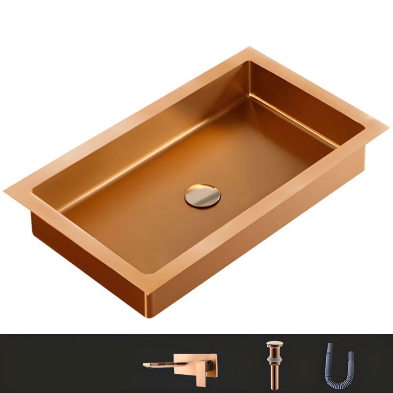 Metal Rectangular Bathroom Sink Modern Undermount Bathroom Sink - Sink with Faucet Rose Gold Square Faucet