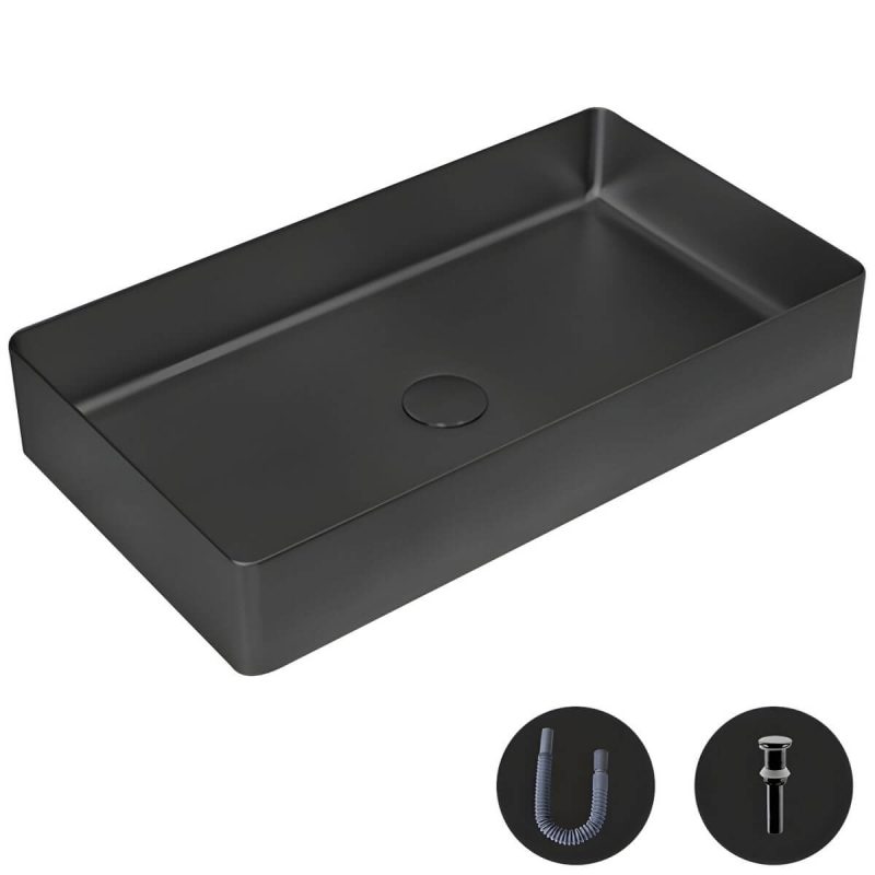 Modern Wash Stand Metal Rectangular with Drain Assembly and Faucet Vessel Bathroom Sink - Sink Black None