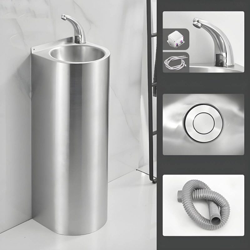 Contemporary Stainless Steel U-Shaped Pedestal Sink with Pop-Up Drain - Cold Water Dispensers Sink with Faucet Sensor Faucet