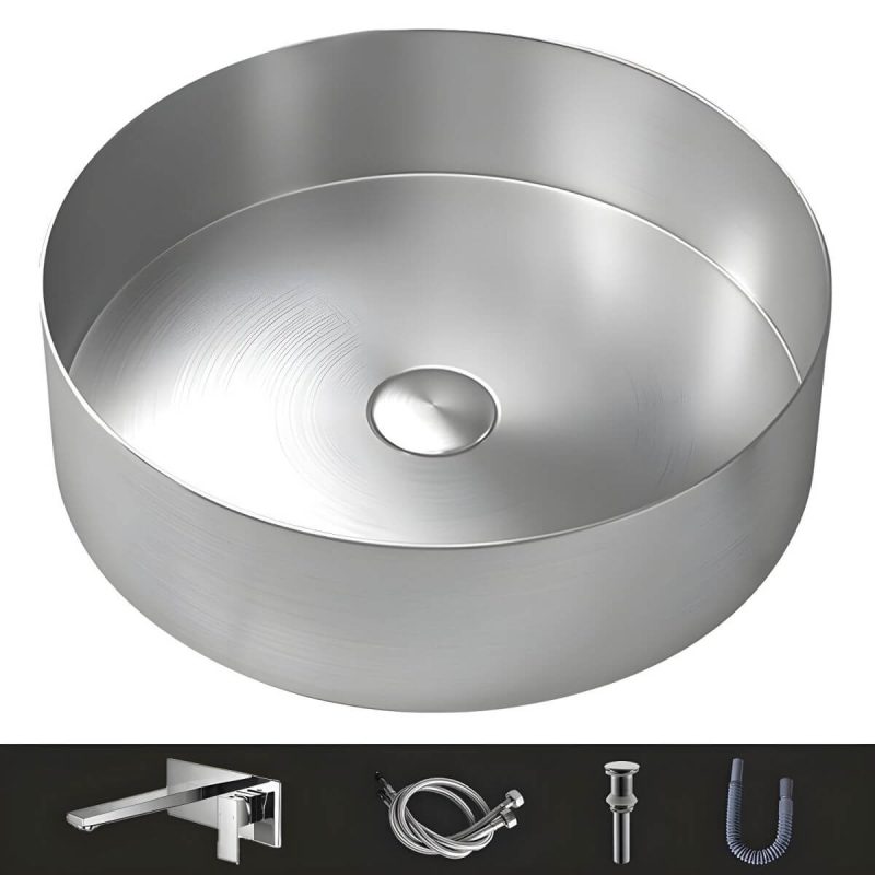 Modern Vessel Bathroom Sink Metal Round with Pop-Up Drain Wash Stand - Sink with Faucet Silver Square Faucet