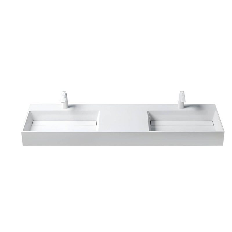 Contemporary Bathroom Sink Man Made Rock Rectangular Vessel Bathroom Sink without Faucet - 63"L x 19"W x 5"H Bright White Double Basin Sink
