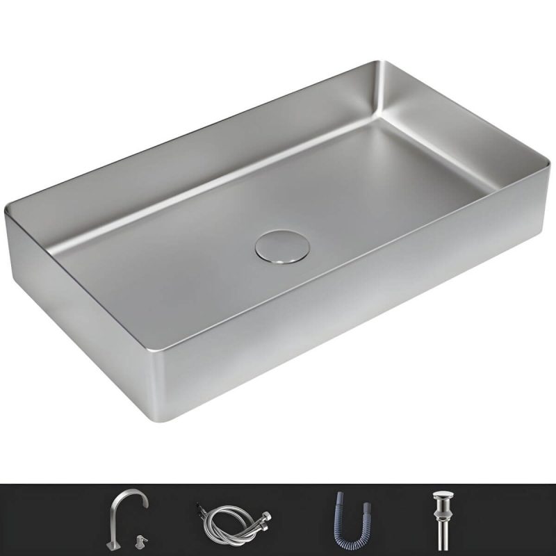 Modern Wash Stand Metal Rectangular with Drain Assembly and Faucet Vessel Bathroom Sink - Sink with Faucet Grey Low Profile
